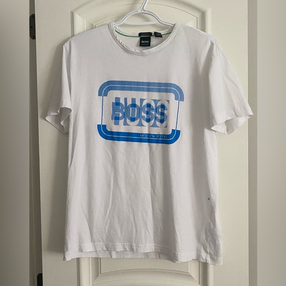BOSS Men’s White Tee with Blue Graphic